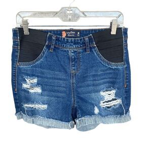 Indigo Poppy Maternity Jean Shorts Medium Blue Stretch Panel Cuffed Distressed